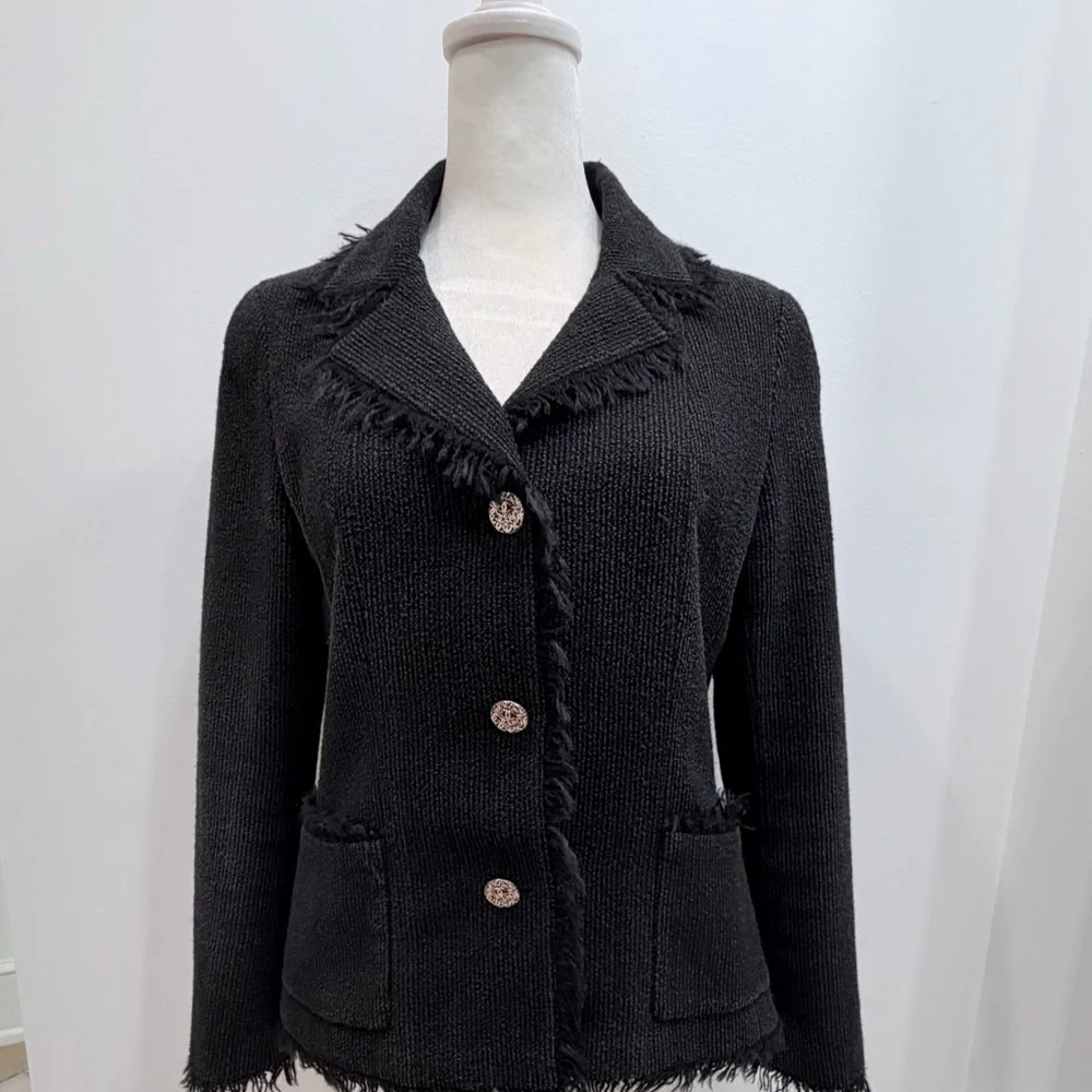 Rare Vintage CHANEL Fringe Trim Knit Jacket Karl Lagerfeld Era - Sz FR 38 -